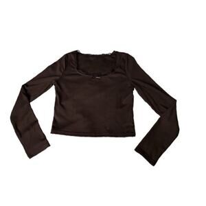 Crop Top Long Sleeve Black Size Large Bow Neck Lace Square Neck Ribbed Feminine